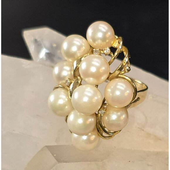 Vintage 14K Gold Cocktail Ring With Cultured Pearls & Diamonds Size 6.75 HS81 - Picture 2 of 16
